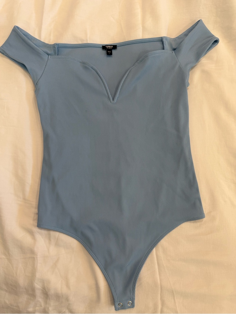 Express Body Contour Sky Blue Off-Shoulder Ribbed Sweetheart Bodysuit